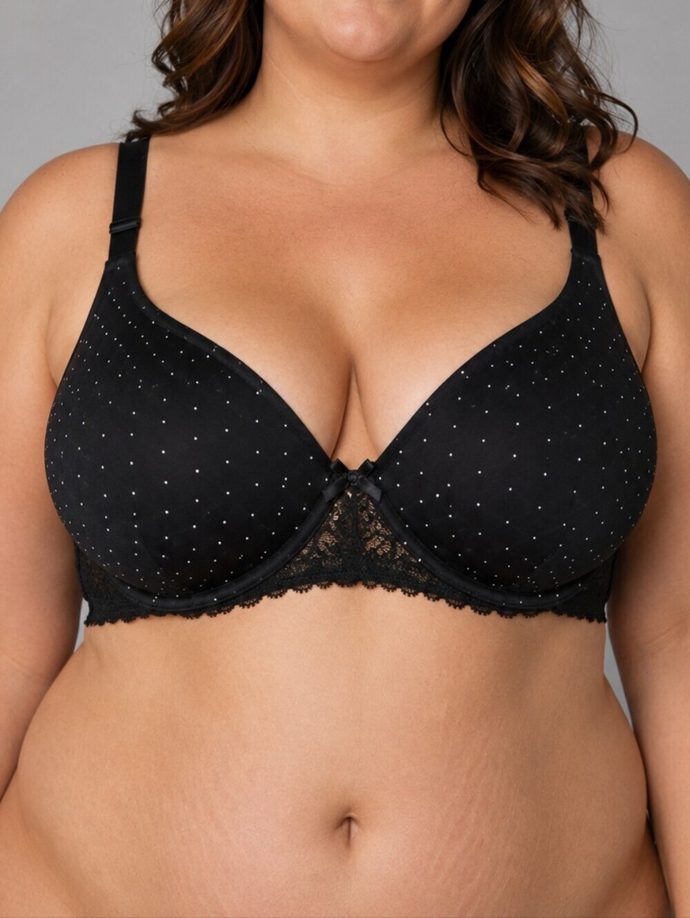 NWT Deese Plus Size Black Polka Dot Underwire T-Shirt Contour Bra Lace Sides